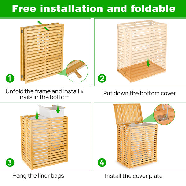 Step-by-step assembly instructions for bamboo laundry basket with lid shown in four stages