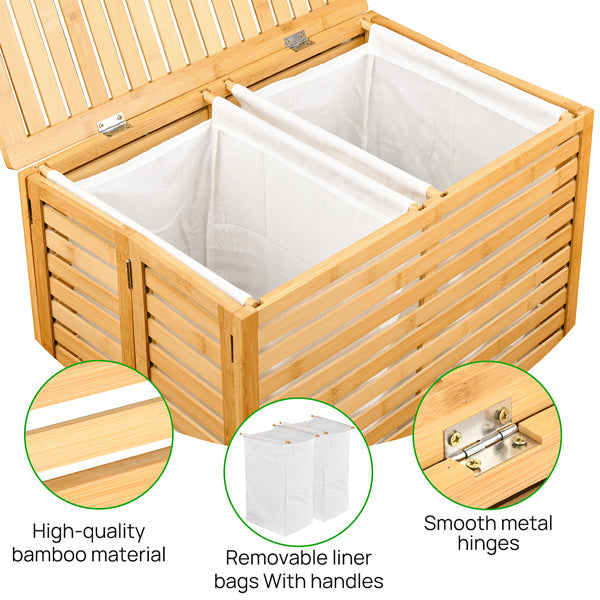 Shopi Vella bamboo laundry basket with lid featuring removable liner bags and smooth metal hinges