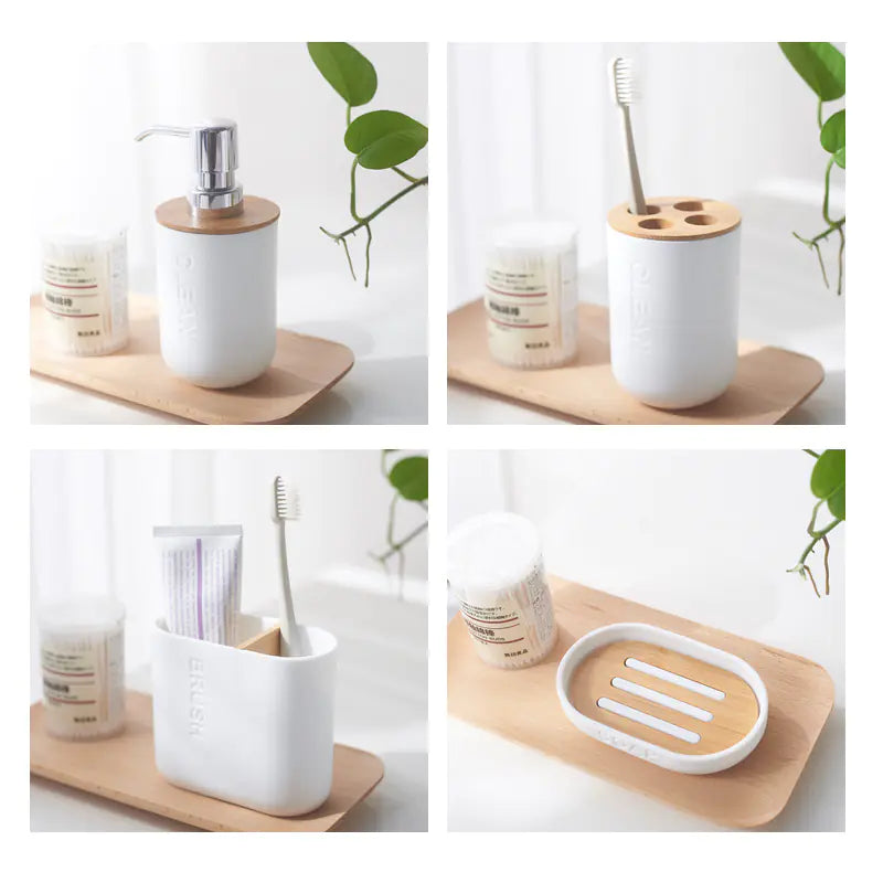 Minimalist bamboo toothbrush holder set with soap dispenser, toothbrush cup, toothpaste holder, and soap dish