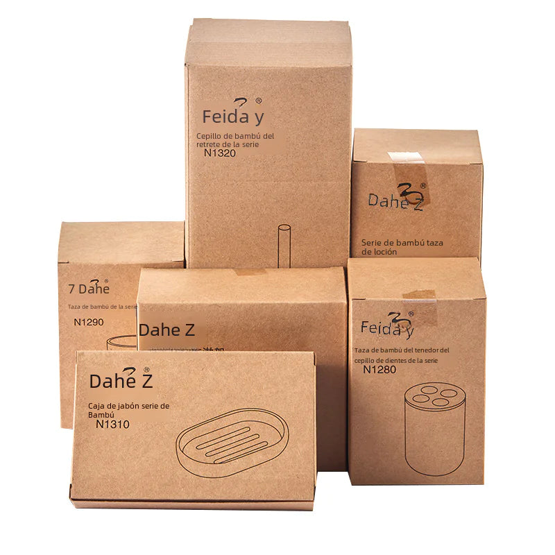 Eco-friendly bamboo toothbrush holder set packaged in minimalist brown cardboard boxes for sustainable bathroom organization