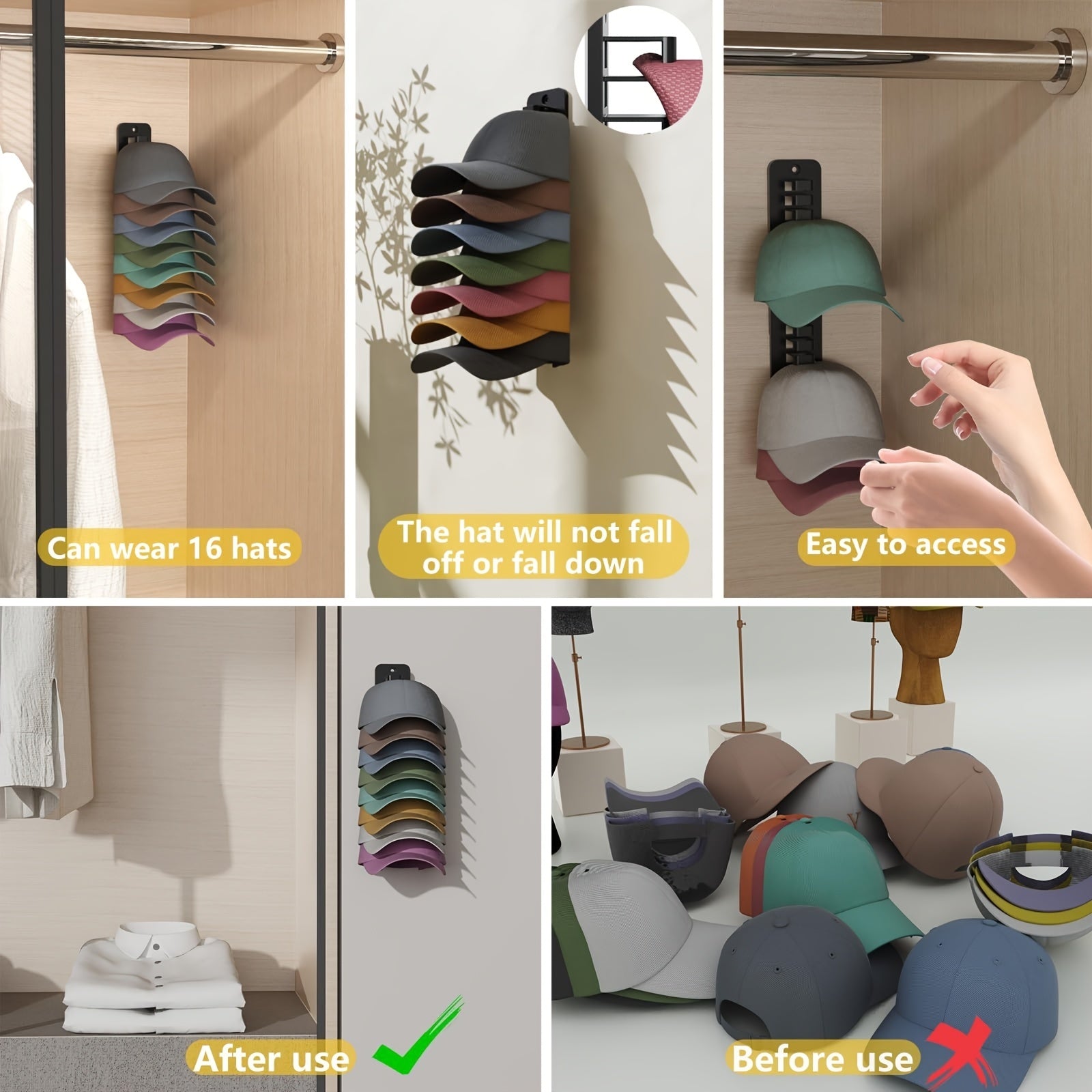 Shopi Vella baseball cap wall rack holding 16 colorful caps for organized hat storage and easy access