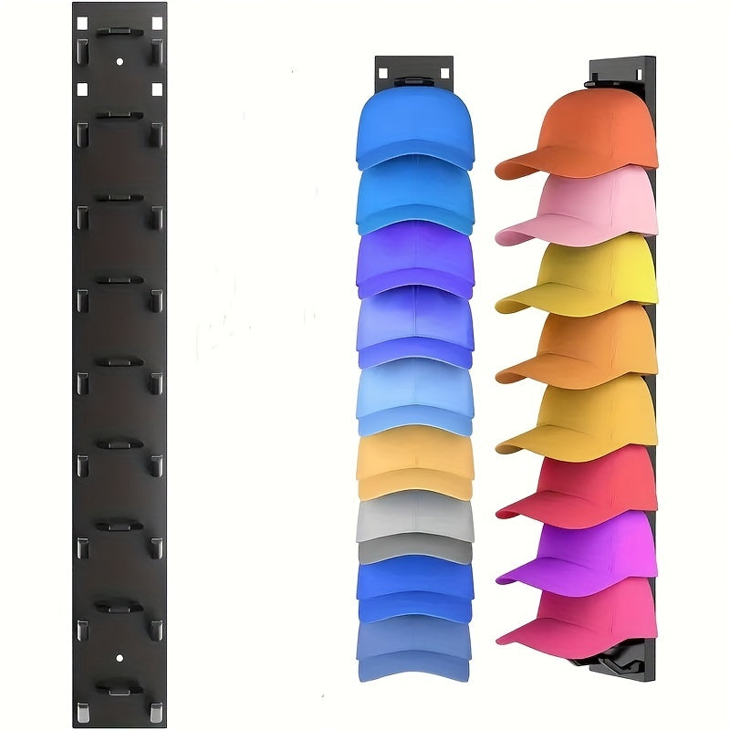 Shopi Vella black baseball cap wall rack holding multiple colorful caps in organized vertical storage