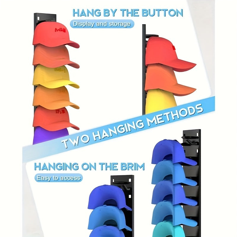Shopi Vella baseball cap wall rack displaying multiple colorful caps hung by button and brim for organized storage