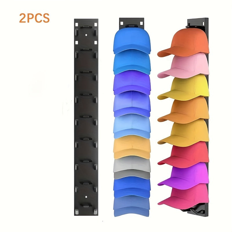 Shopi Vella baseball cap wall rack with two black metal racks holding multiple colorful caps