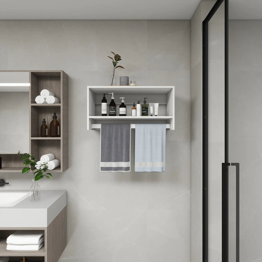 Modern bathroom with wood closet shelves for walk in closet holding towels and toiletries