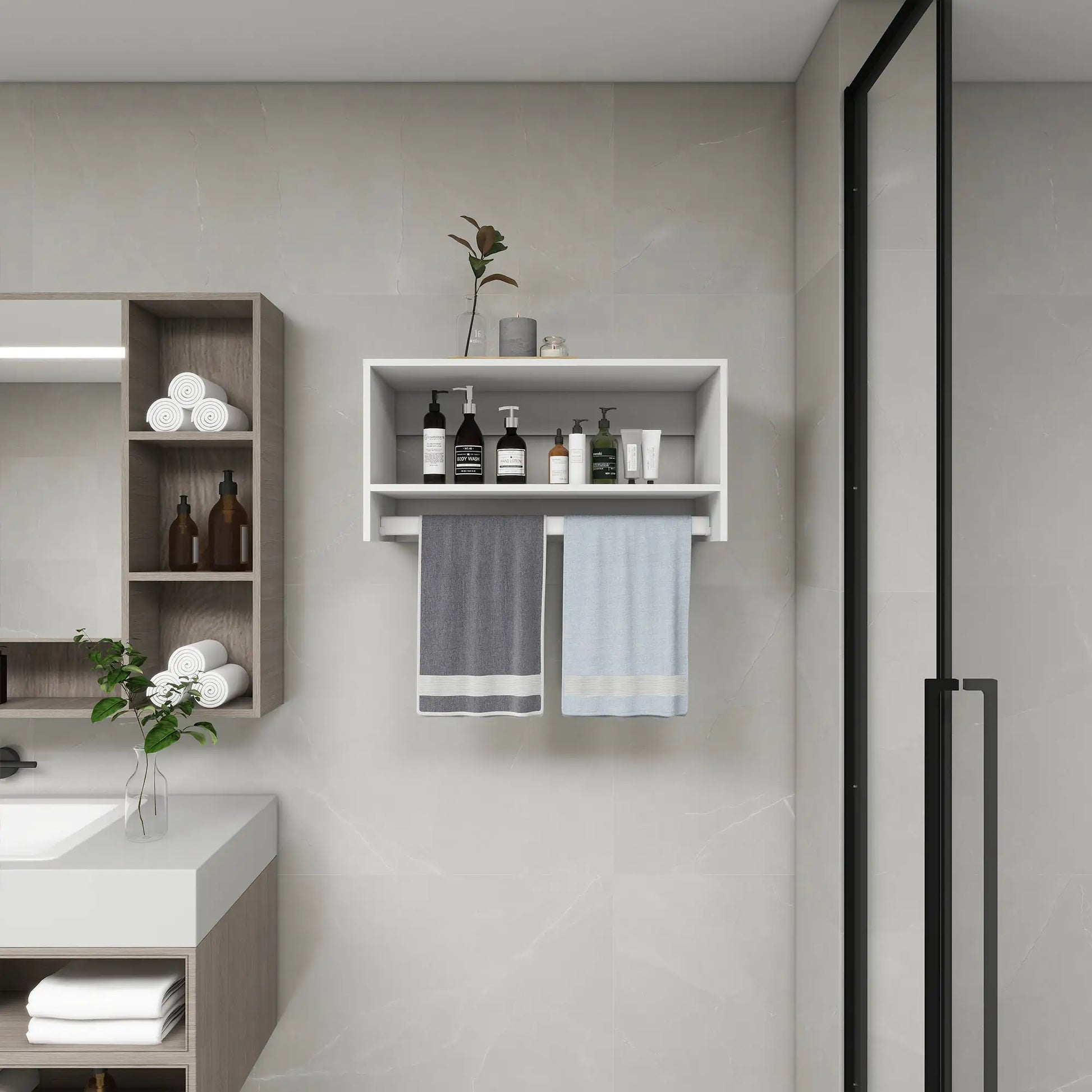 Modern bathroom with wood closet shelves for walk in closet holding towels and toiletries