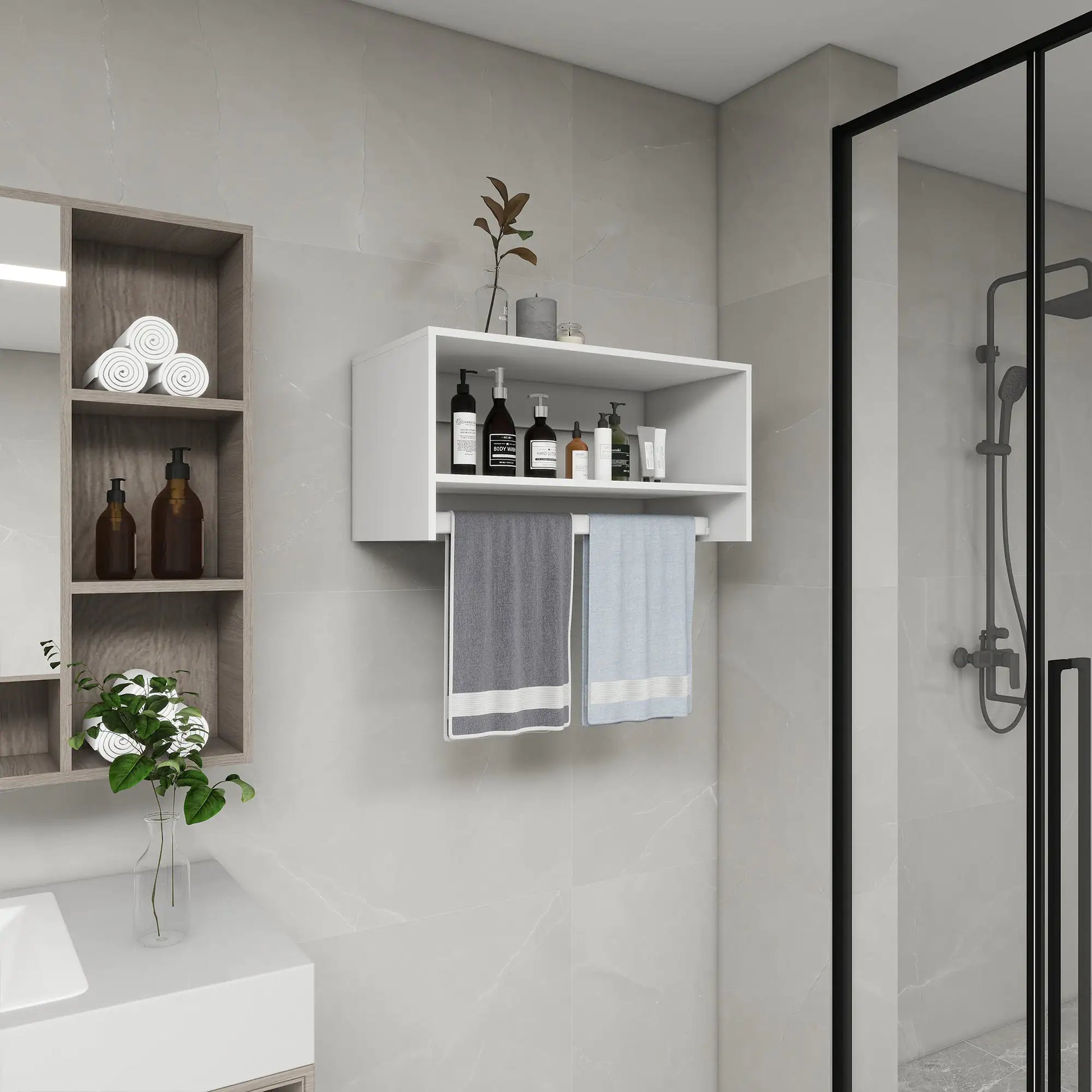 Modern white wood closet shelves for walk in closet mounted on bathroom wall with towels and toiletries