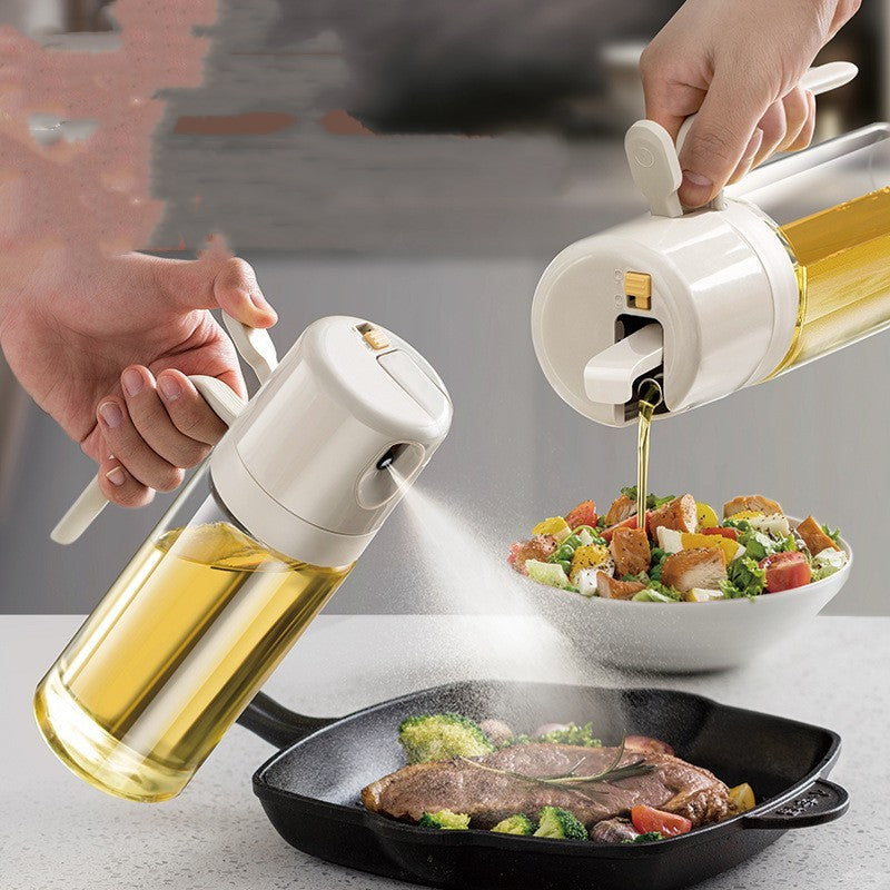 Shopi Vella BBQ cooking oil dispenser spraying oil onto steak and pouring oil over salad in kitchen setting