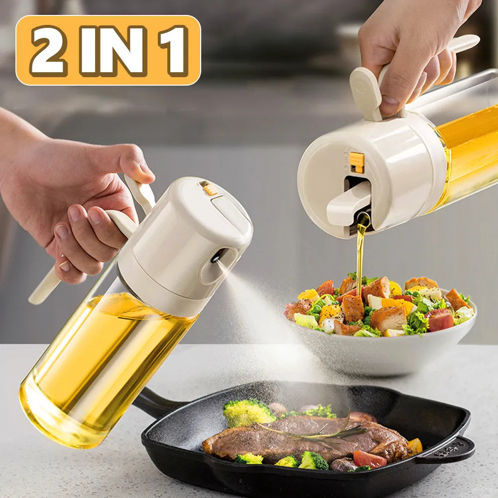 Shopi Vella 2 in 1 BBQ cooking oil dispenser and spray bottle pouring oil on salad and steak