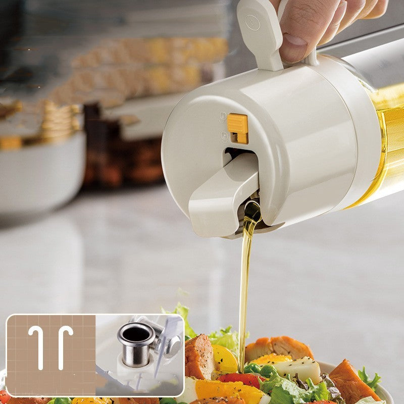 Shopi Vella BBQ cooking oil dispenser pouring oil over fresh salad with vegetables in kitchen