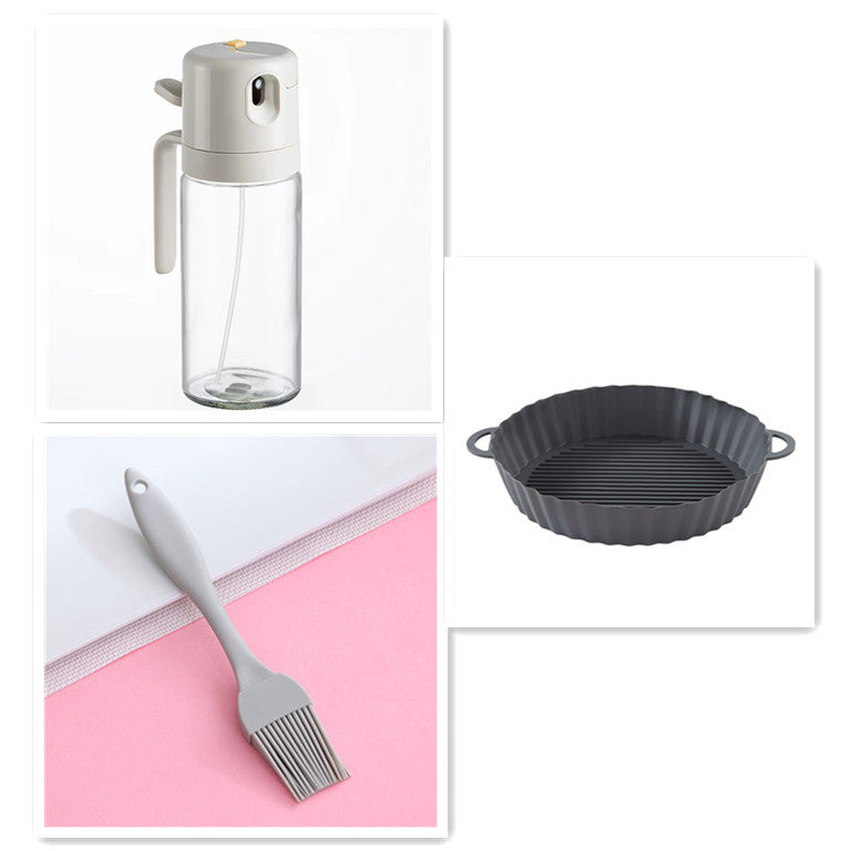 Shopi Vella BBQ cooking oil dispenser set with clear bottle, silicone basting brush, and black grill pan