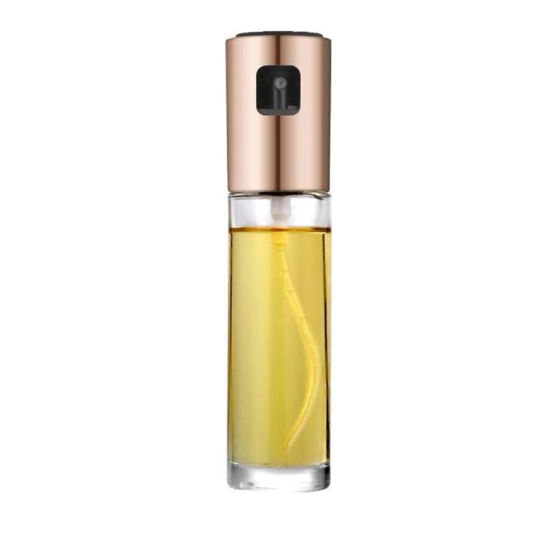 Shopi Vella BBQ oil spray bottle with a clear glass body and rose gold spray top for kitchen storage