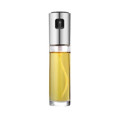 Shopi Vella BBQ oil spray bottle with clear glass body and silver spray top for kitchen storage