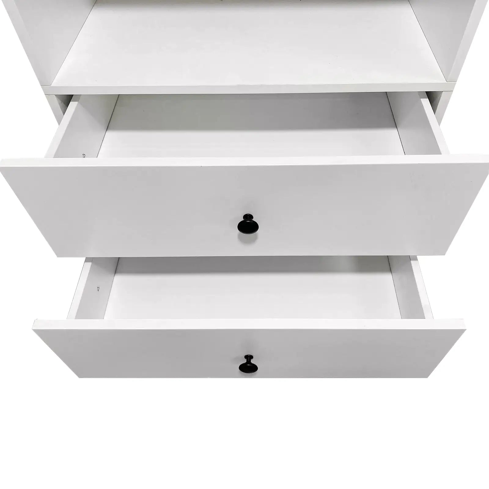 White bedroom closet rack and shelving unit with two open drawers and black knobs