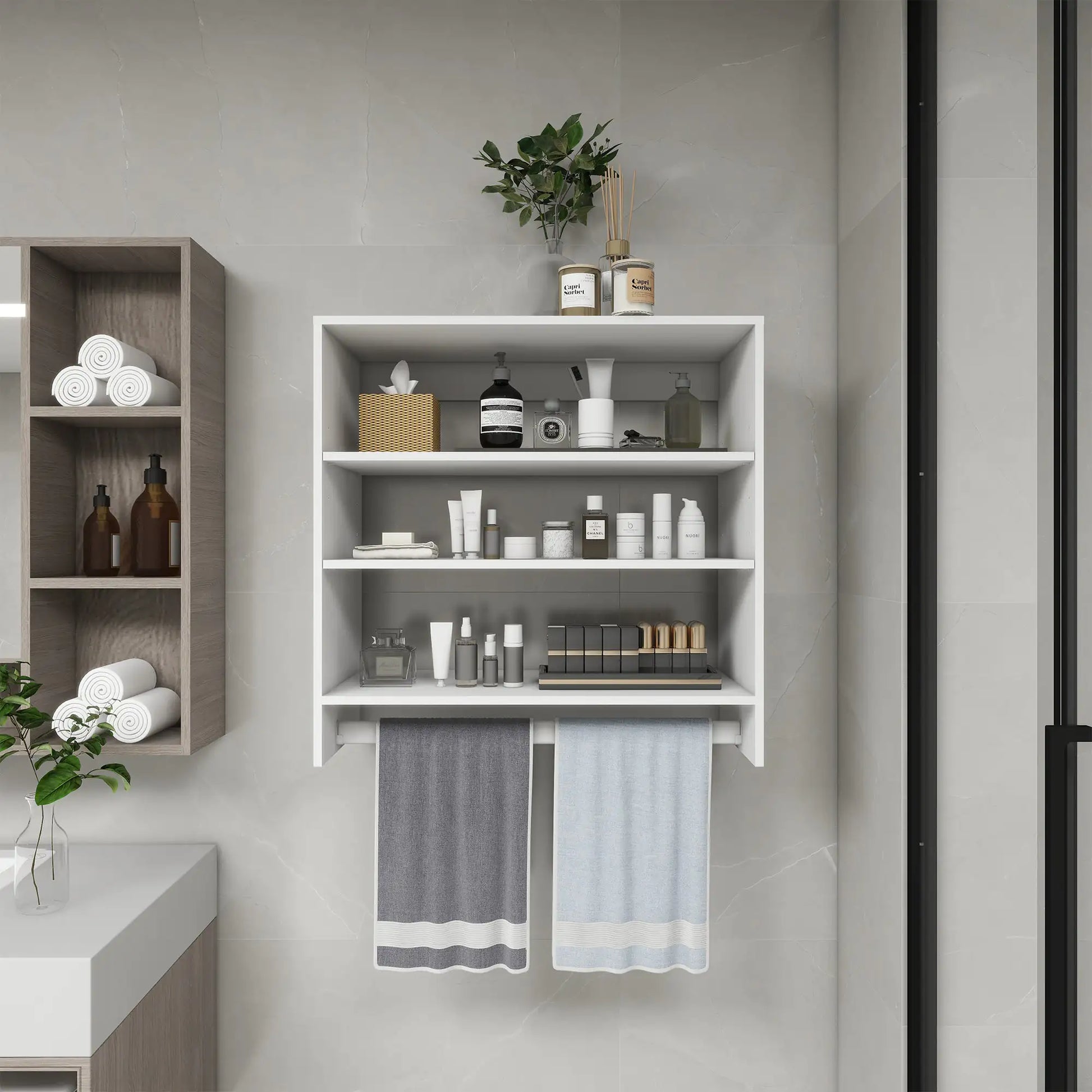 White bedroom closet rack and shelving mounted on wall with towels and toiletries organized