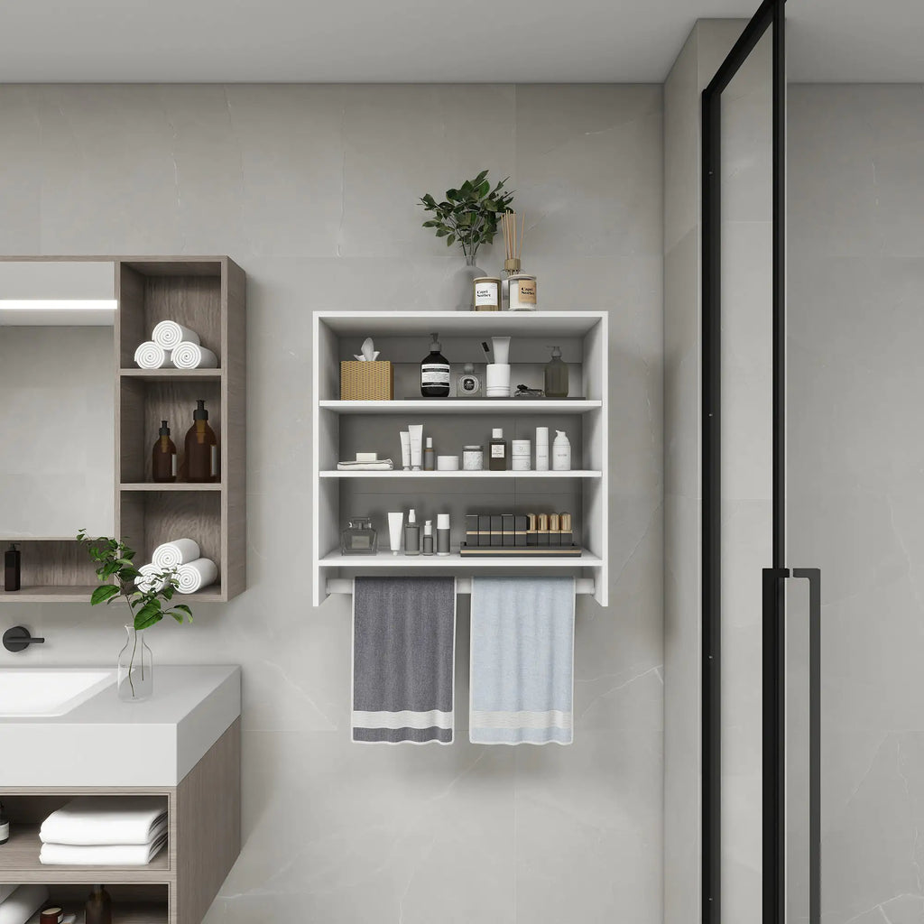 Modern white bedroom closet rack and shelving mounted on wall holding toiletries and towels