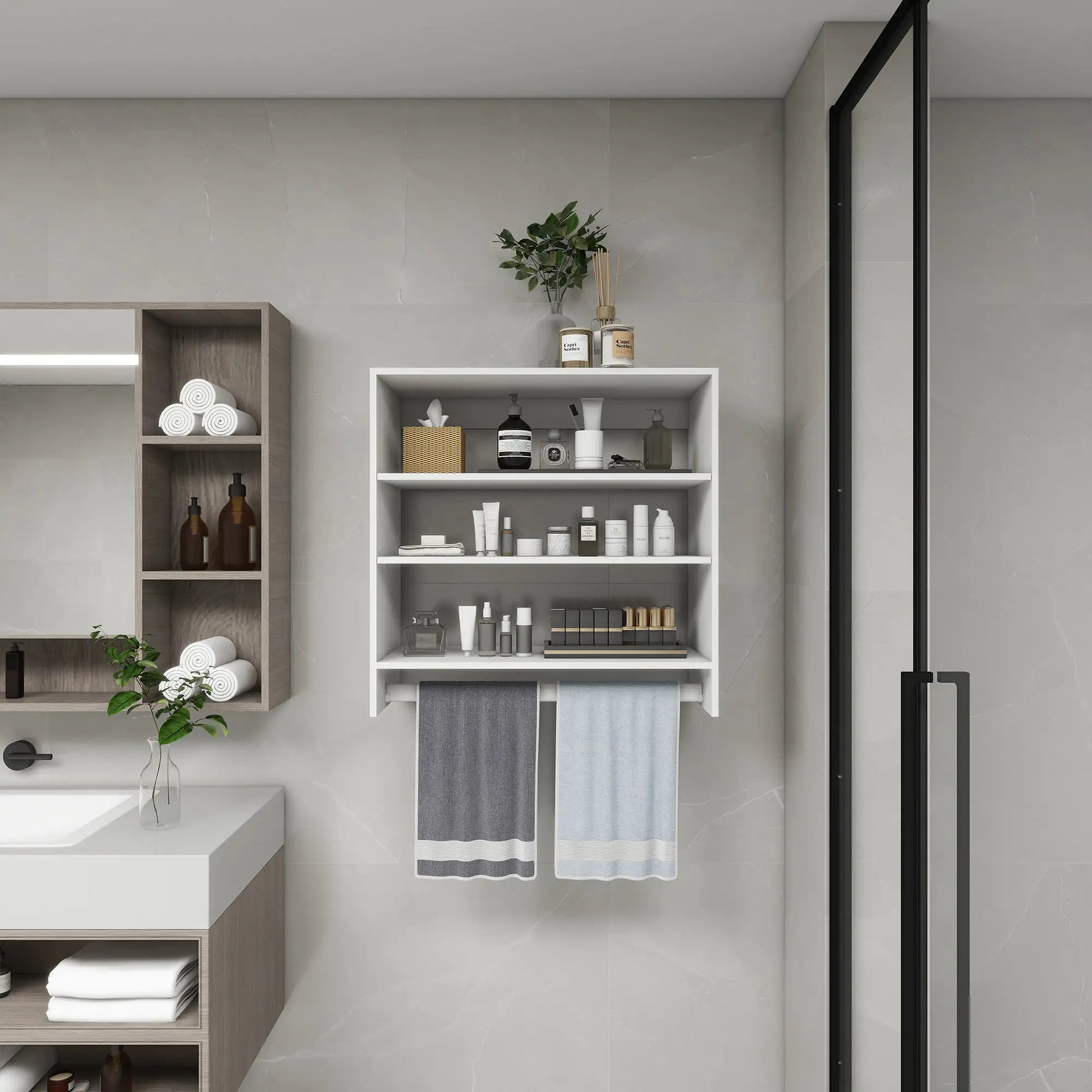 Modern white bedroom closet rack and shelving mounted on wall holding toiletries and towels