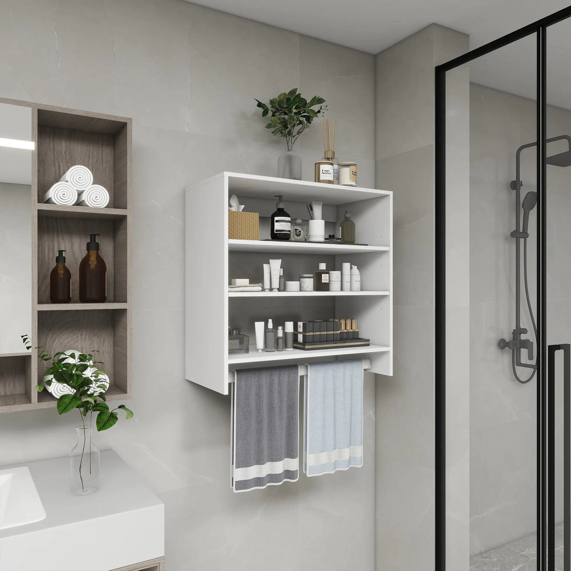 White bedroom closet rack and shelving mounted on bathroom wall holding toiletries and towels