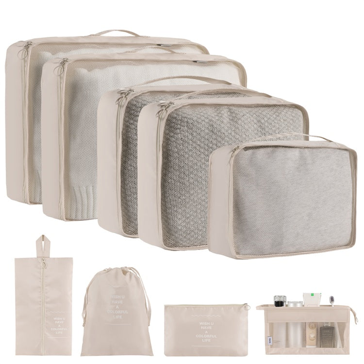 Shopi Vella waterproof travel storage organizer set with multiple beige packing cubes and toiletry bags
