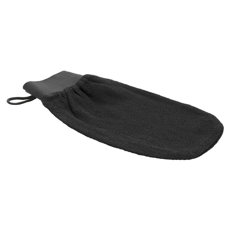 Shopi Vella black exfoliating mitt for bathroom storage as the best mitt for skin preparation