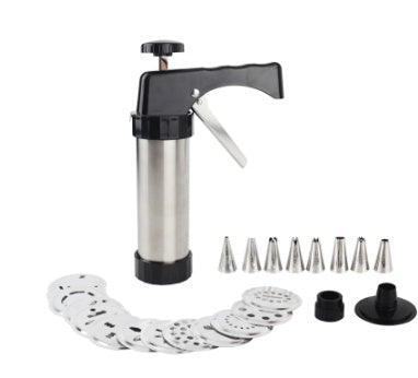 Shopi Vella biscuit press machine with stainless steel body and multiple decorative discs for cookie shaping
