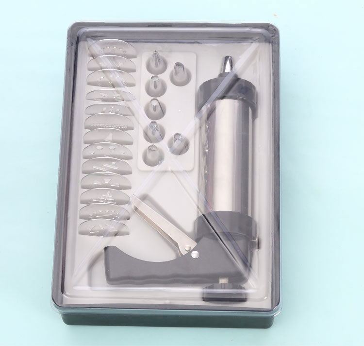Shopi Vella biscuit press machine set with multiple stainless steel molds and decorating nozzles in plastic case
