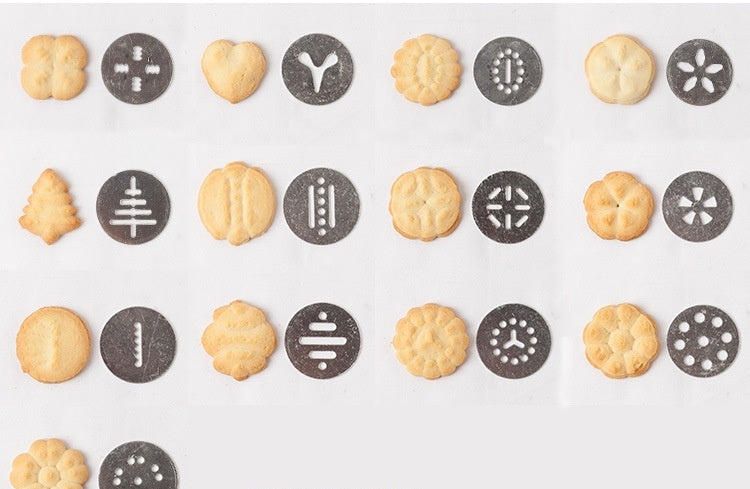 Variety of cookies and shapes made using a biscuit press machine on a white background