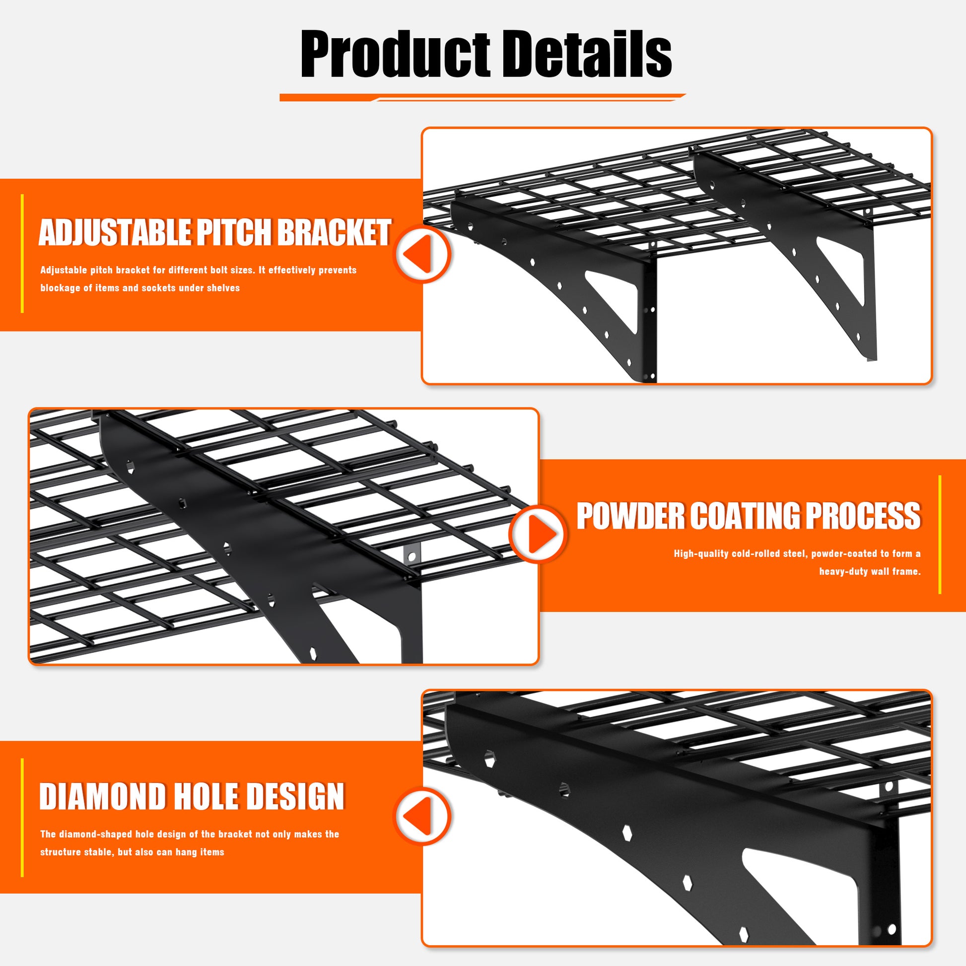 Shopi Vella 24x48 inch storage rack with adjustable pitch bracket, powder coating, and diamond hole design