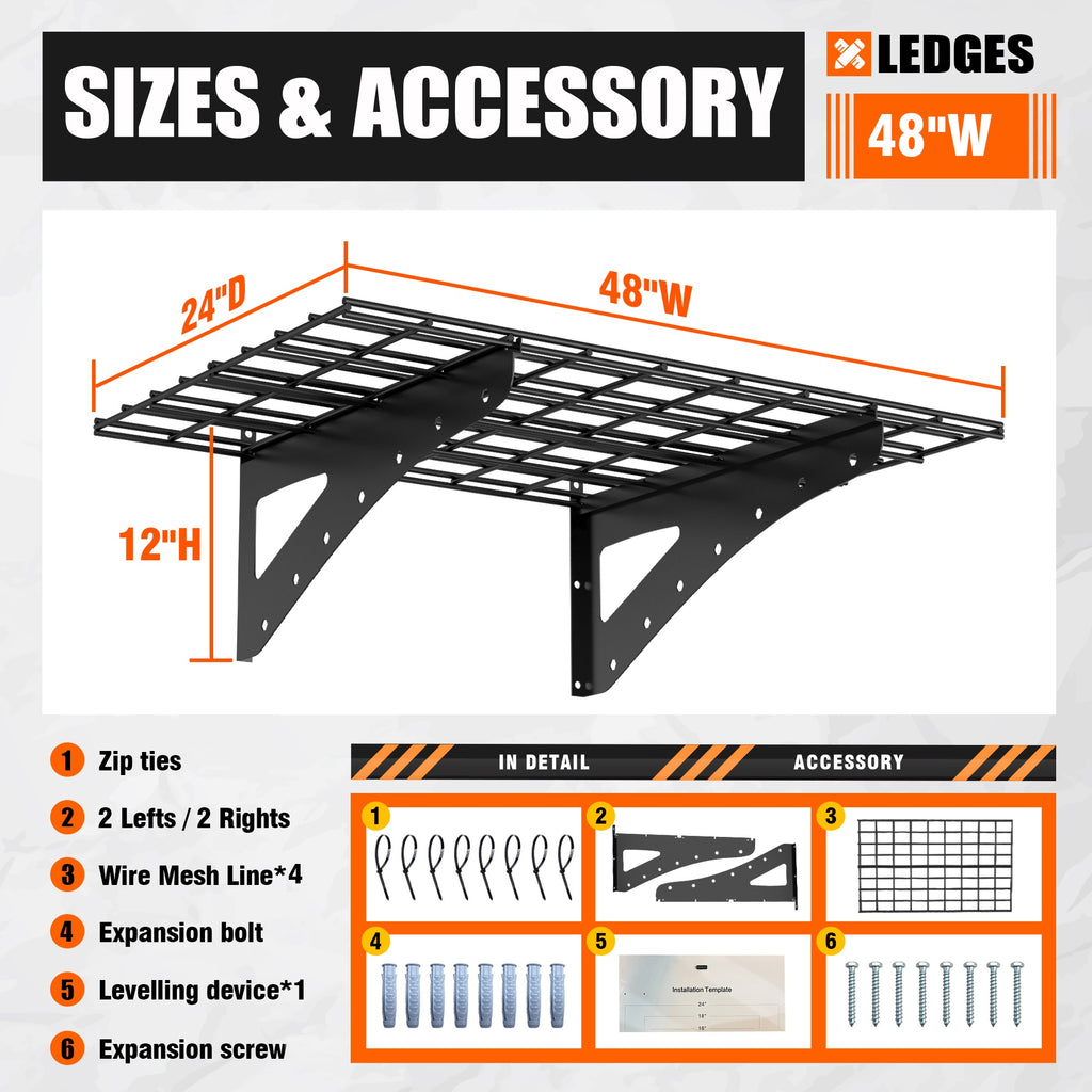 Shopi Vella 24x48 inch storage rack black metal wire mesh ledge with brackets and mounting accessories