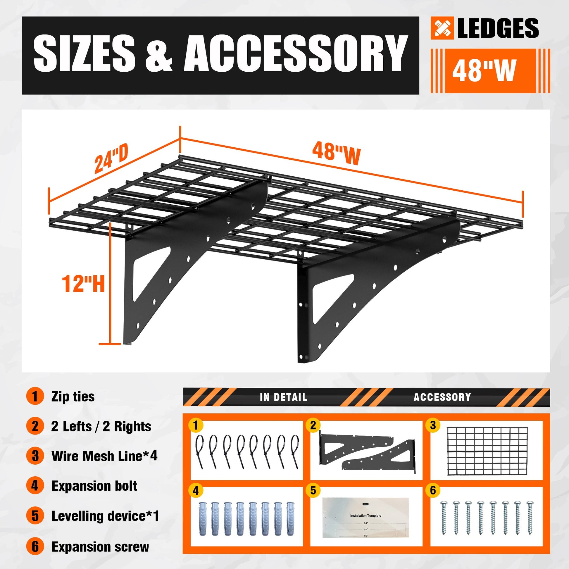 Shopi Vella 24x48 inch storage rack black metal wire mesh ledge with brackets and mounting accessories