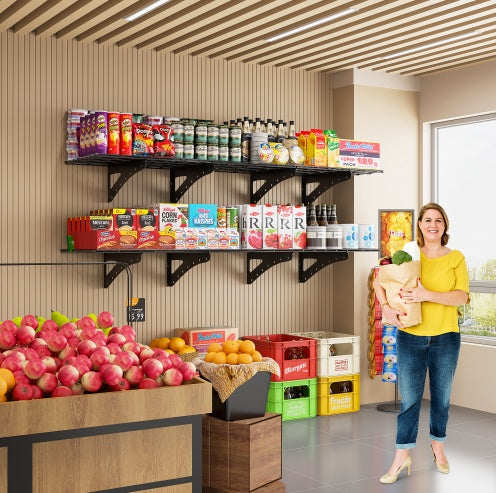 Shopi Vella 24x48 inch storage rack mounted on wall holding food cans and boxes in kitchen setting