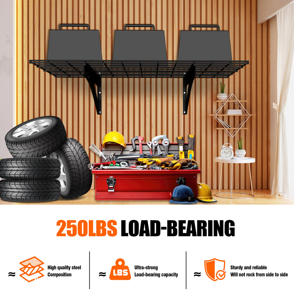 Shopi Vella 24x48 inch storage rack mounted on wall holding black storage bins with tools and tires below