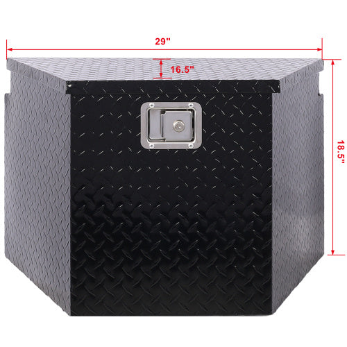 Shopi Vella black 29 inch truck bed tool box with diamond plate design and secure latch