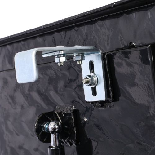 Close-up of metal lock mechanism on black 29 inch truck bed tool box by Shopi Vella