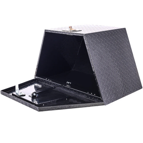 Shopi Vella 29 inch truck bed tool box made of black diamond plate metal with open front door for storage