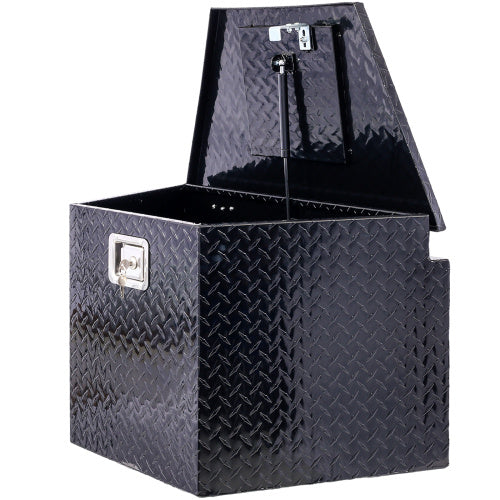 Shopi Vella black 29 inch truck bed tool box with diamond plate texture and open lid