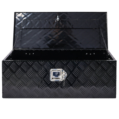 Shopi Vella 30 inch aluminum truck tool box in black with diamond plate texture and open lid