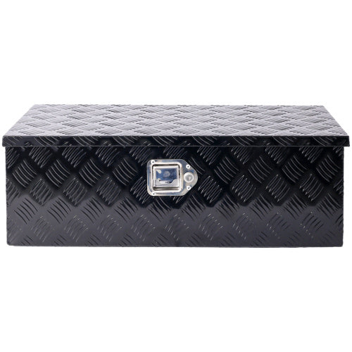 30 inch aluminum truck tool box in black with diamond plate pattern and latch closure