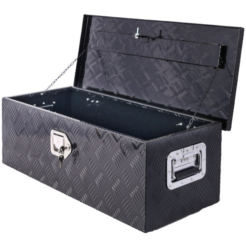 Shopi Vella 30 inch aluminum truck tool box with diamond plate pattern and open lid storage jar
