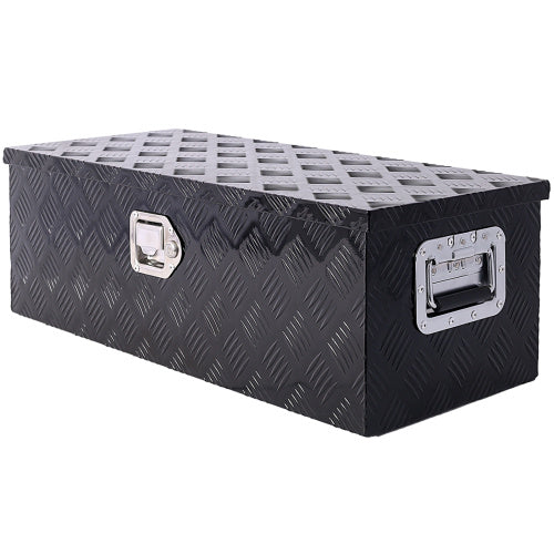 Shopi Vella 30 inch aluminum truck tool box in black with diamond plate texture and metal handles