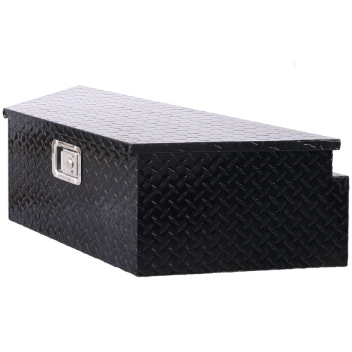 Black Shopi Vella aluminum trailer toolbox with diamond plate texture and side handle