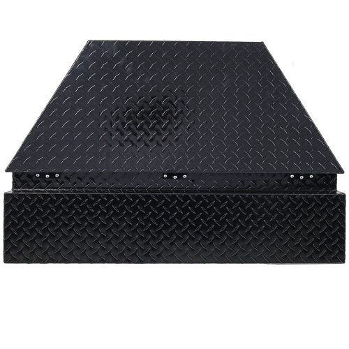 Black Shopi Vella aluminum trailer toolbox with diamond plate pattern and hinged lid
