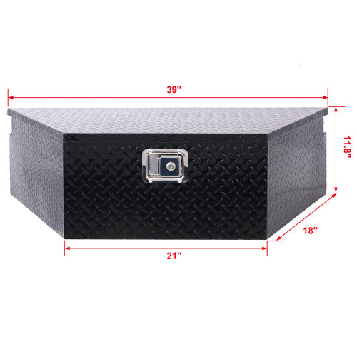 Shopi Vella black aluminum trailer toolbox with diamond plate texture and secure latch measuring 39 by 21 by 18 inches