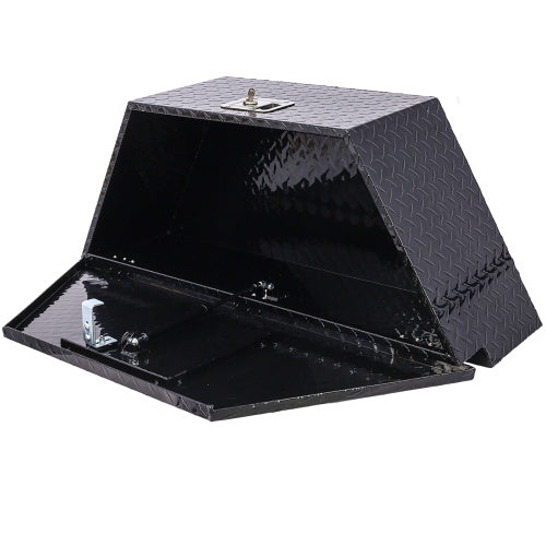 Shopi Vella black aluminum trailer toolbox with diamond plate texture and open lid