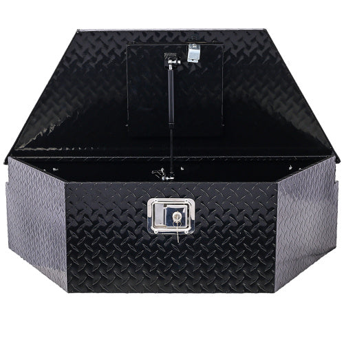 Shopi Vella black aluminum trailer toolbox with diamond plate texture and hinged lid open