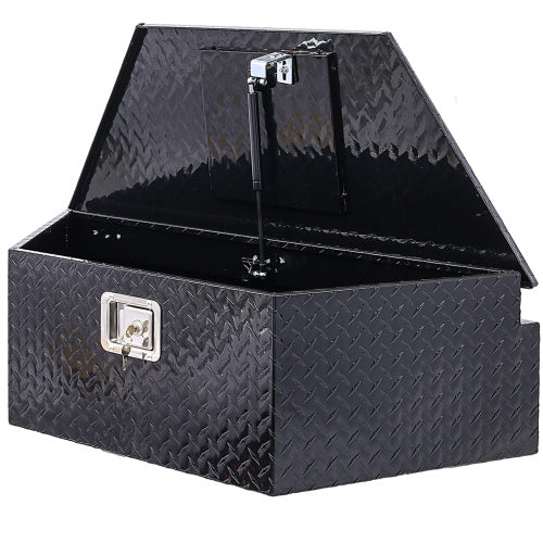 Shopi Vella black aluminum trailer toolbox storage box with diamond plate pattern and lockable lid open