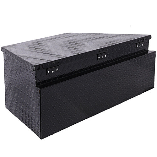 Shopi Vella black aluminum trailer toolbox with diamond plate pattern and hinged lid