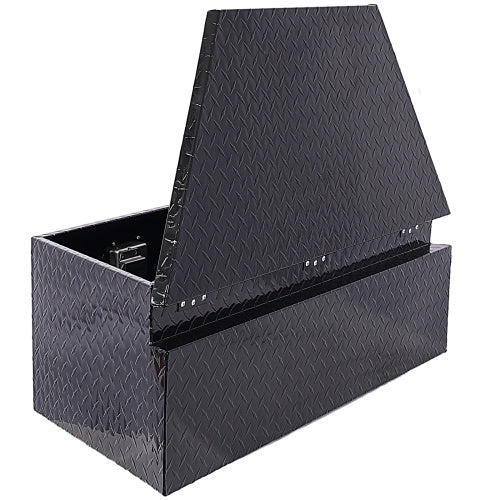 Shopi Vella aluminum trailer toolbox with diamond plate pattern and open lid for storage