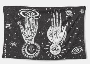 Black and white tapestry for bedroom featuring celestial skeleton hands and cosmic designs