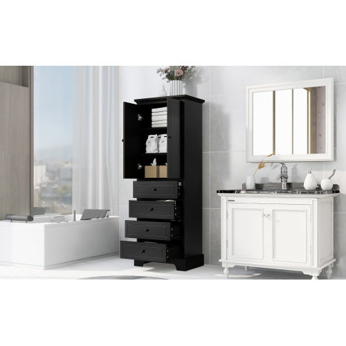 Shopi Vella black bathroom storage cabinet with multiple drawers and an open upper door in modern bathroom